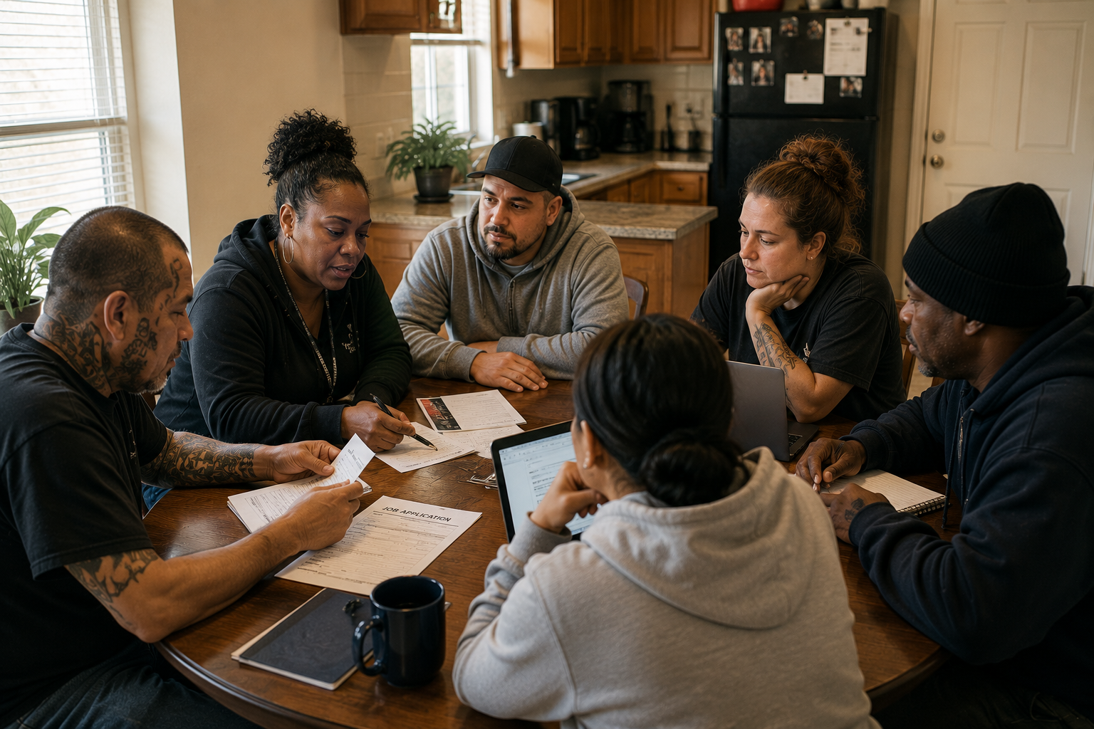 Participants seated around a kitchen table reviewing job applications and using a laptop together
