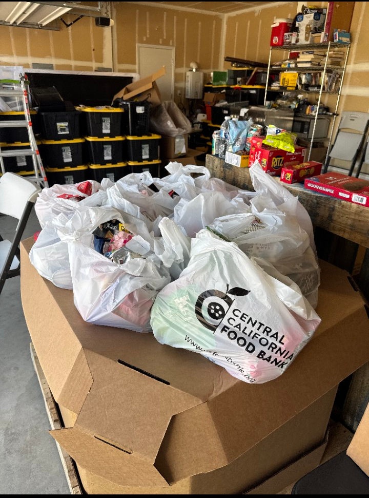 Bags of groceries from Central California Food Bank prepared for distribution