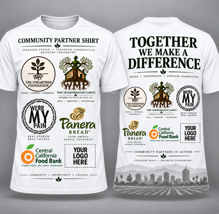 Community Partner Shirt displaying The Unearthed Foundation, WMP Transformation Campus, Wear My Pain LLC, Panera Bread, and Central California Food Bank logos with the message Together we make a difference