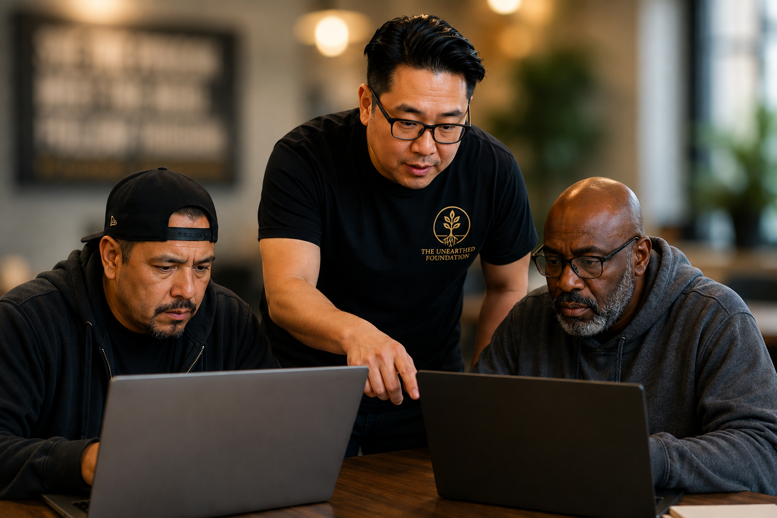 An Unearthed Foundation instructor guiding two participants working on laptops