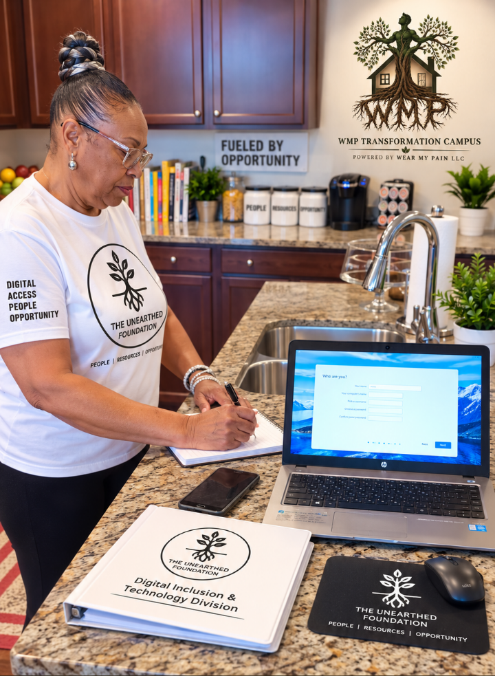 An Unearthed Foundation team member in a branded t-shirt taking notes beside a laptop in a campus kitchen