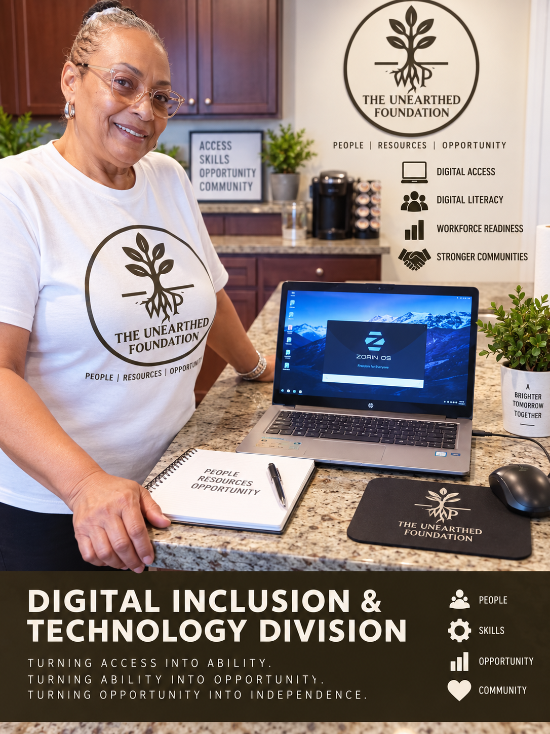 The Unearthed Foundation Digital Inclusion & Technology Division: a team member beside a laptop with the foundation's logo and program values