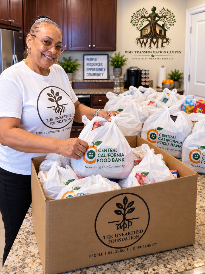 Unearthed Foundation volunteer packing Central California Food Bank groceries at WMP Transformation Campus