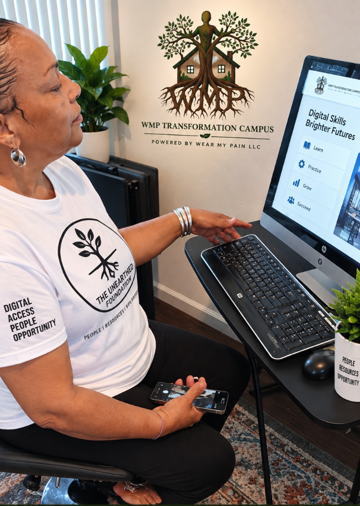 A member of The Unearthed Foundation team in an Unearthed Foundation t-shirt working at a computer beneath the WMP Transformation Campus logo